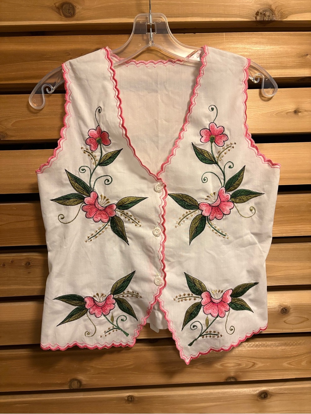 Embroidered Pink Green Floral Button White Vest Pink scallop trim